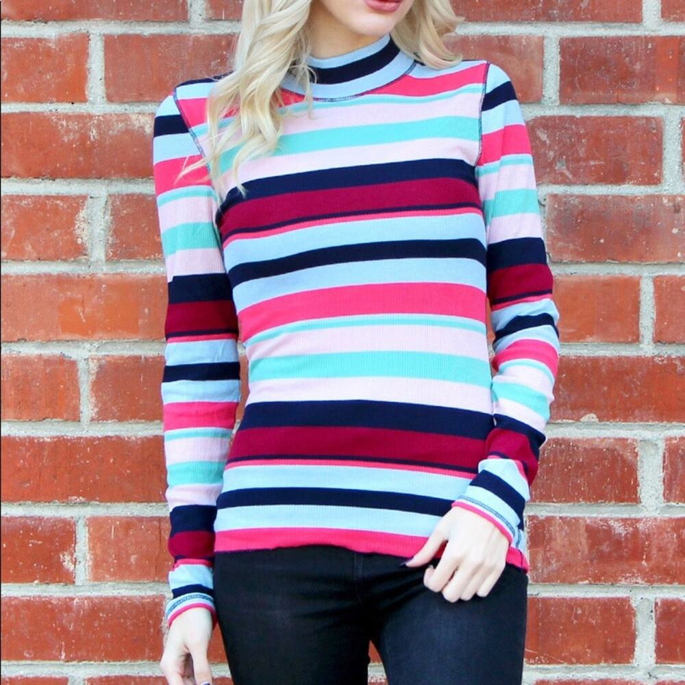 Striped Ribbed Top Mock Neck Stretch - Picture 2 of 8